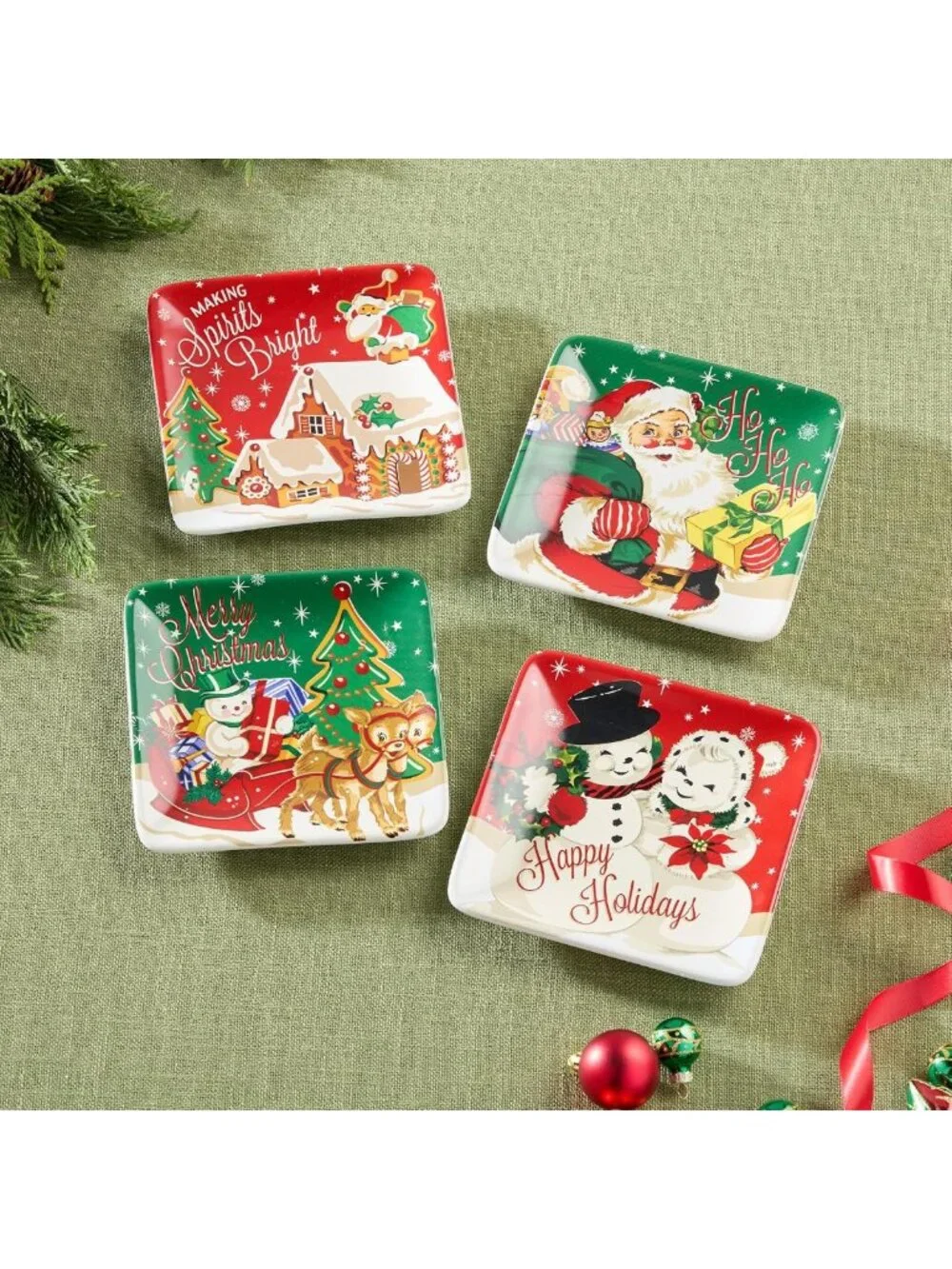 Vintage-Inspired Christmas Canapé Plates Set of 4 - Santa, Reindeer & Snowman